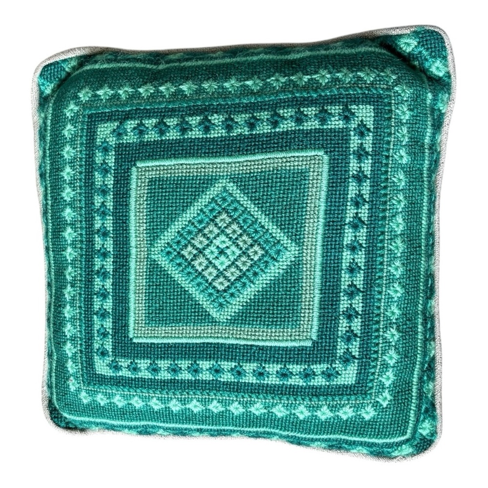 Vintage Needlepoint Mini Pillow Green Geometric Handmade Accent